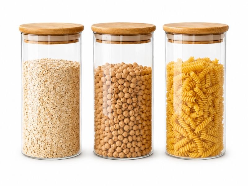 potes herméticos com tampa de bambu na cozinha