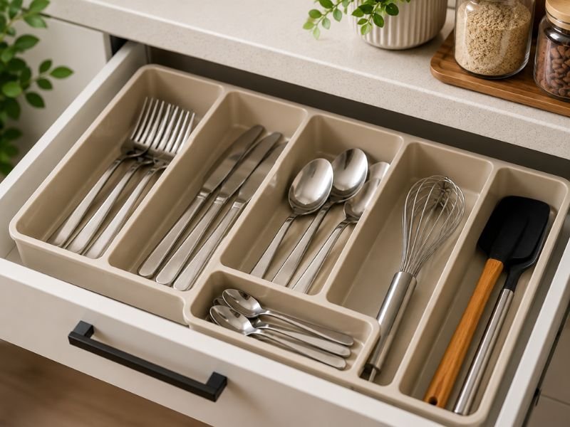 talheres organizados em divisórias compactas dentro da cozinha