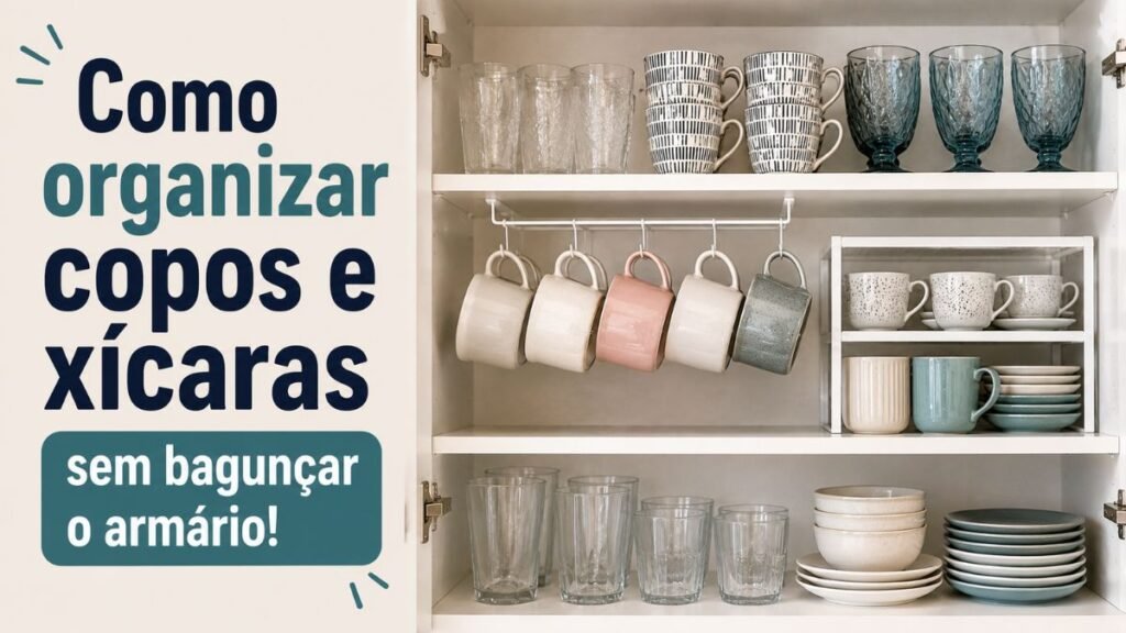 Como organizar copos e xícaras na cozinha com armário organizado e espaço bem aproveitado