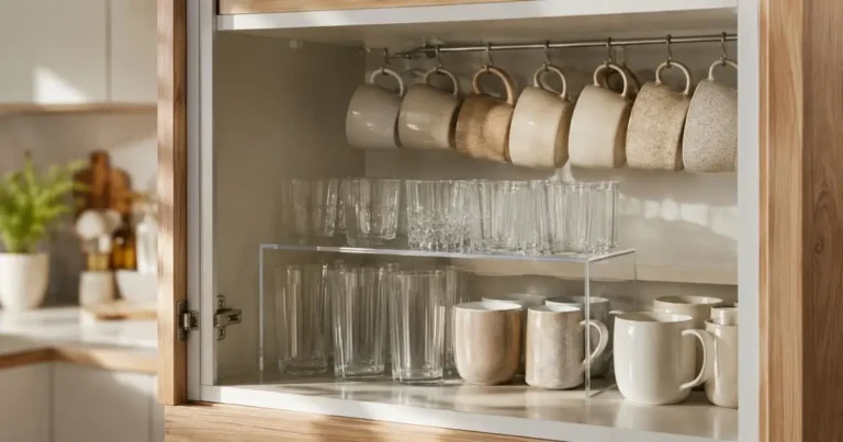 Como organizar copos e xícaras na cozinha com armário organizado e espaço bem aproveitado