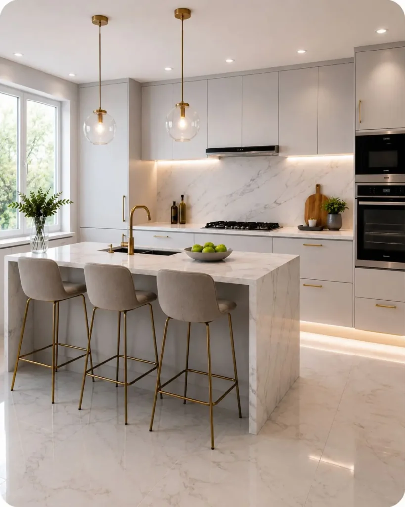 Cozinha moderna, organizada e elegante com ilha central, armários claros e decoração minimalista.