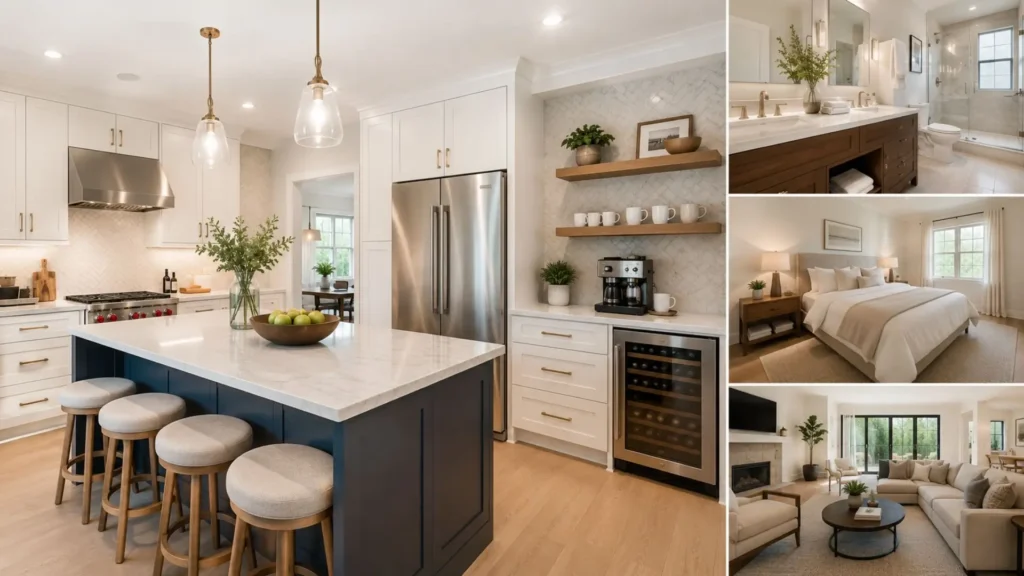 Organização da casa com cozinha moderna, banheiro, quarto e sala organizados.