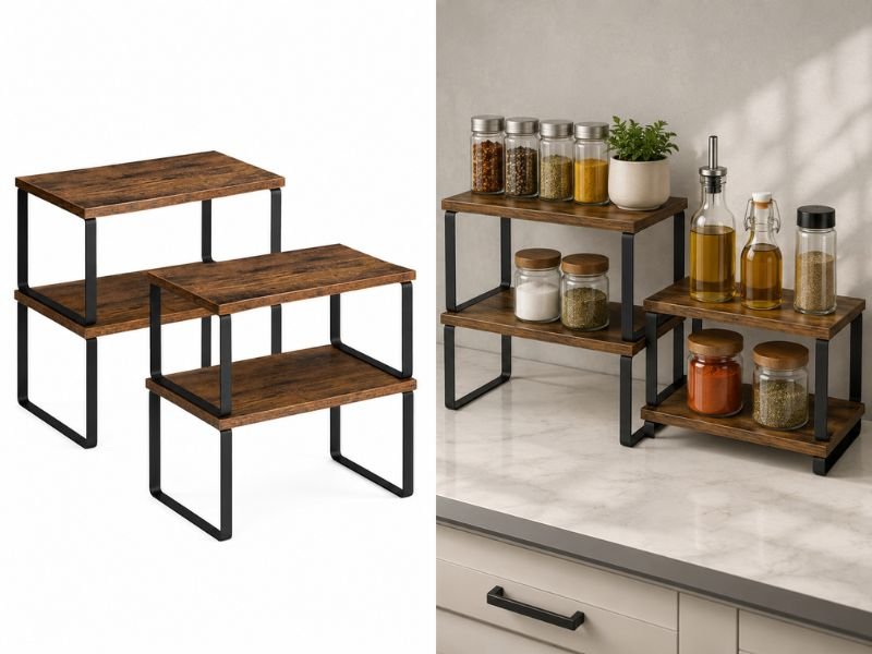 Organizador vertical multiuso para cozinha com temperos organizados sobre a bancada