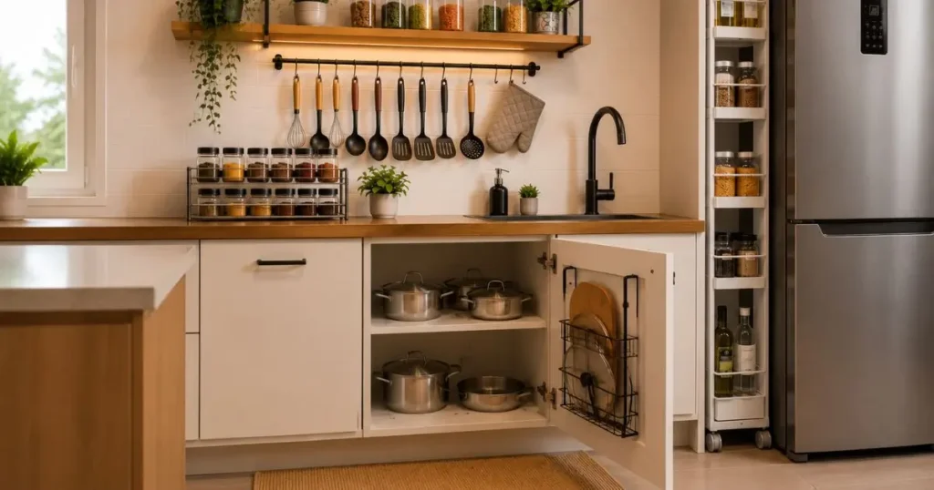 Organizador vertical para cozinha com torre slim, suporte de parede, prateleira suspensa e organizador para porta de armário