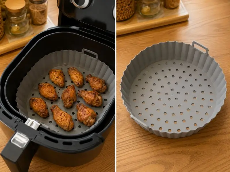 Cesto de silicone para air fryer com alimentos no preparo