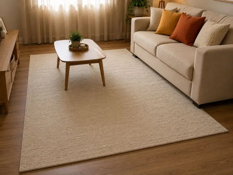 Tapete claro delimitando a área do sofá em uma sala pequena