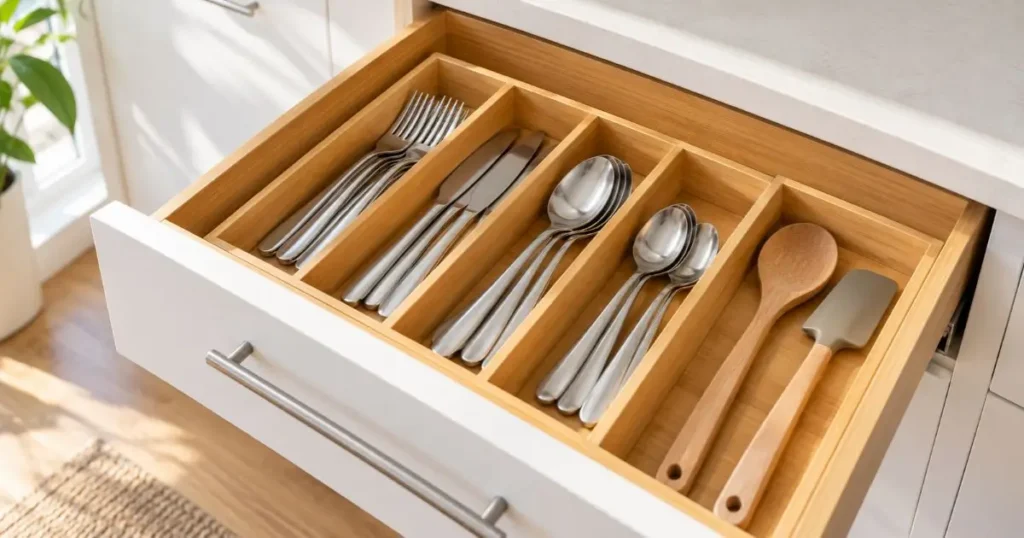Como organizar gavetas da cozinha com divisórias de bambu e utensílios separados
