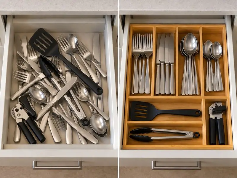 Antes e depois de uma gaveta de cozinha bagunçada e organizada