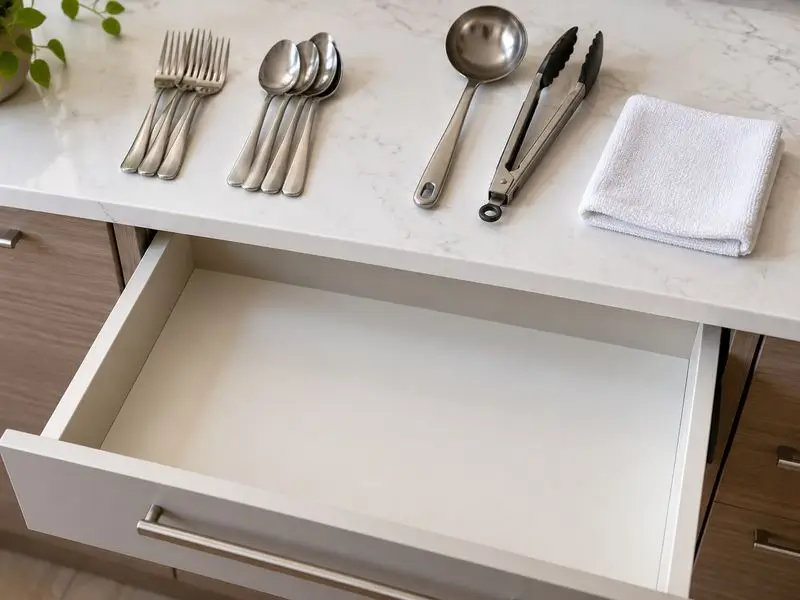 Gaveta de cozinha vazia e limpa antes da organização