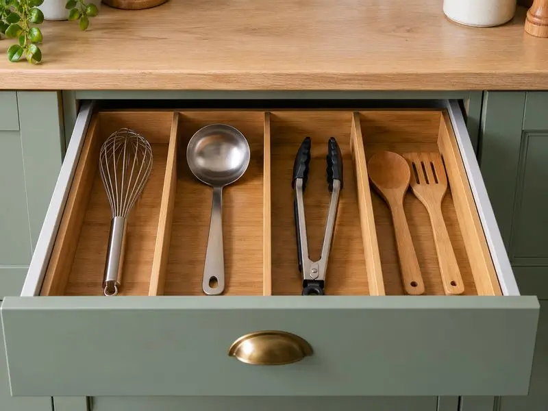 Gaveta profunda de cozinha organizada com divisórias e utensílios
