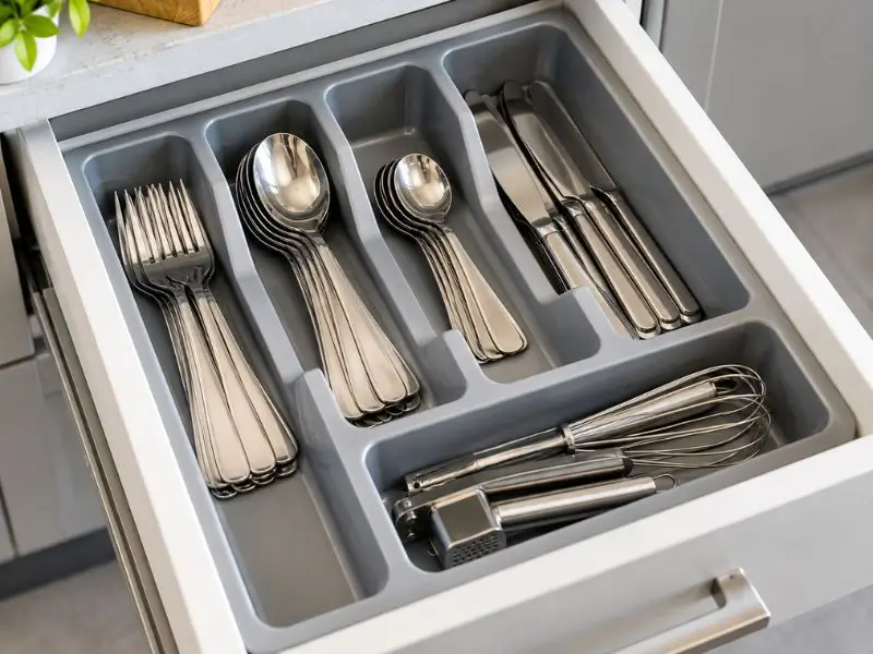 Porta-talheres de plástico com cinco divisórias em gaveta de cozinha